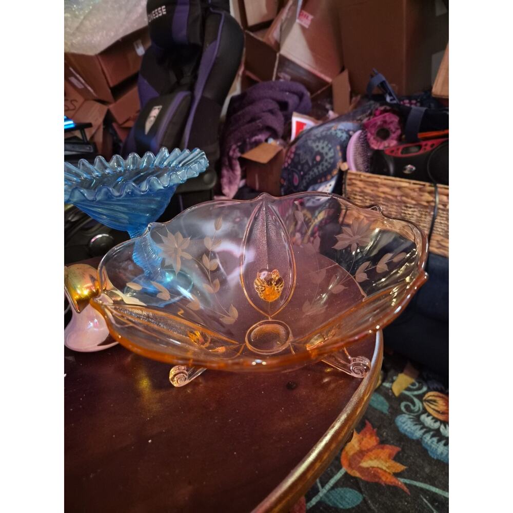 3 Footed Lancaster Jubilee Pink Depression Glass Floral Vtg Etched Bowl 1930s